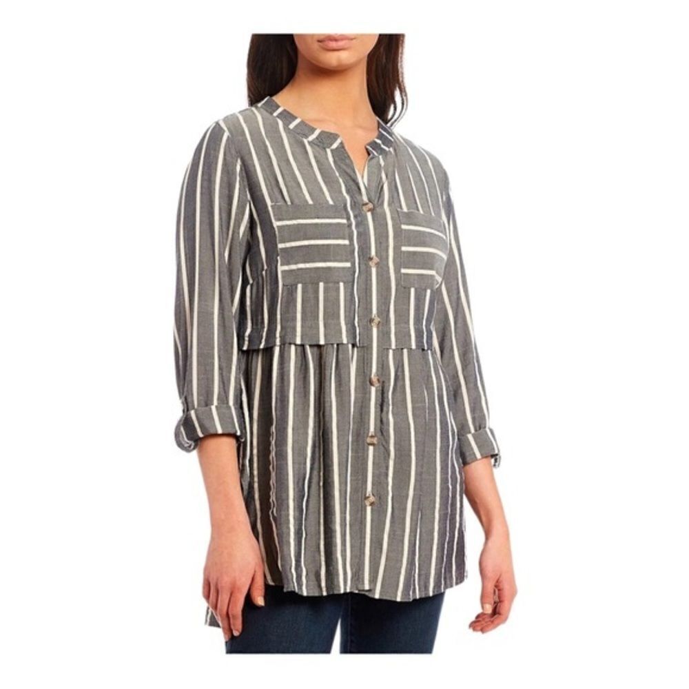 John Mark Stripe Button Front Peplum Banded Collar 3/4 Roll-Tab Sleeve Tunic M.